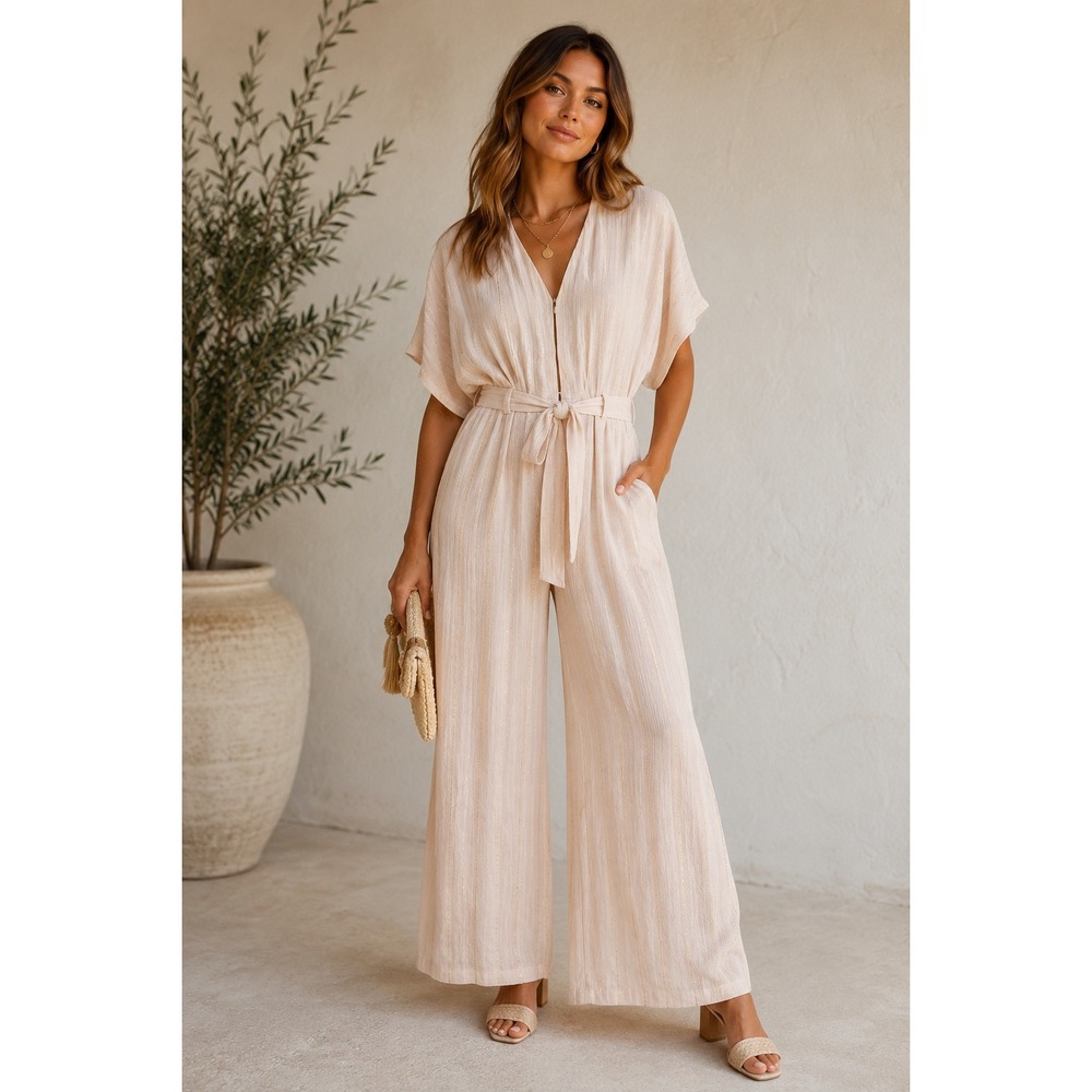 Knot Sisters Light Peach Gold Stripe Jumpsuit Tie Waist Wide Leg‎ Medium NWT